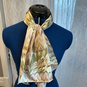 Vintage Long Accent Faux Silk Scarf Marbled Feather Pattern Brown Cream Green